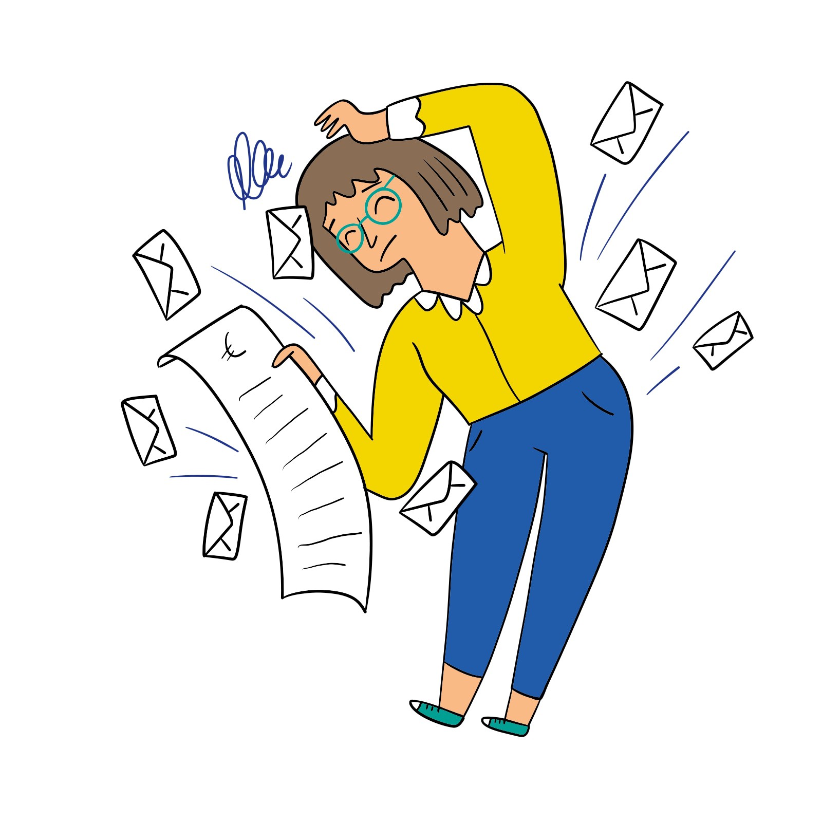 Illustration Frau mit vielen Rechnungen