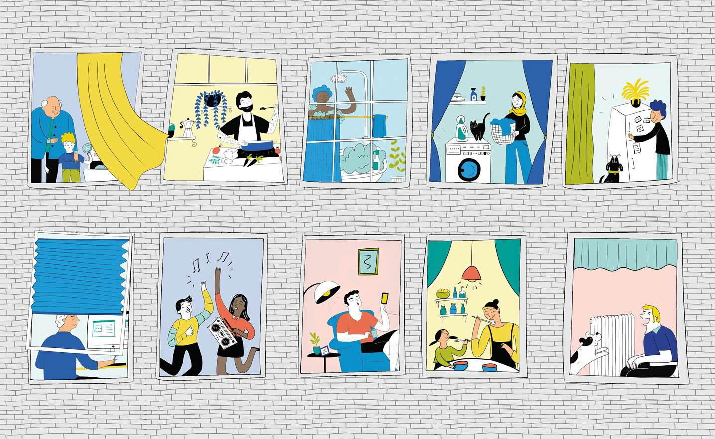 Illustration Fensterfront mit Mieter*innen